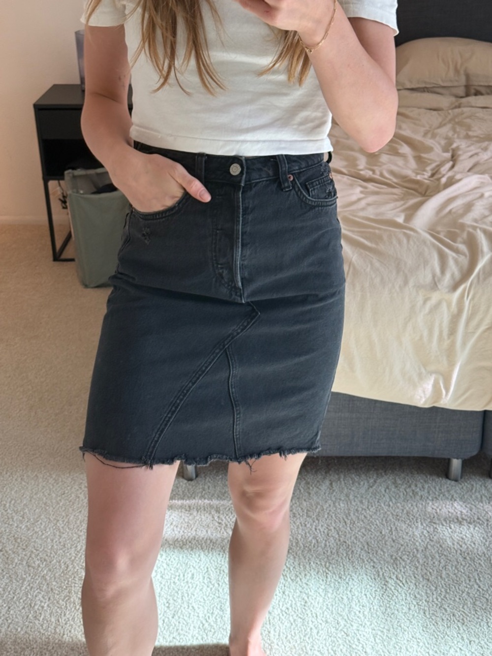 Black Denim Mini Skirt with Raw Hem